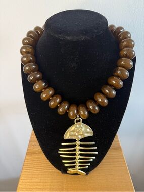 Handcrafted Brown Bead Necklace with Gold Fishbone Pendant